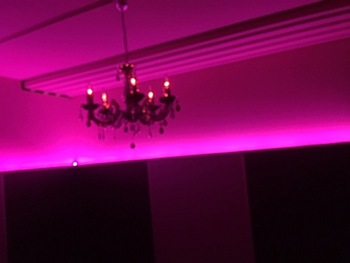 Love Lounge mit Luster und rosa Licht